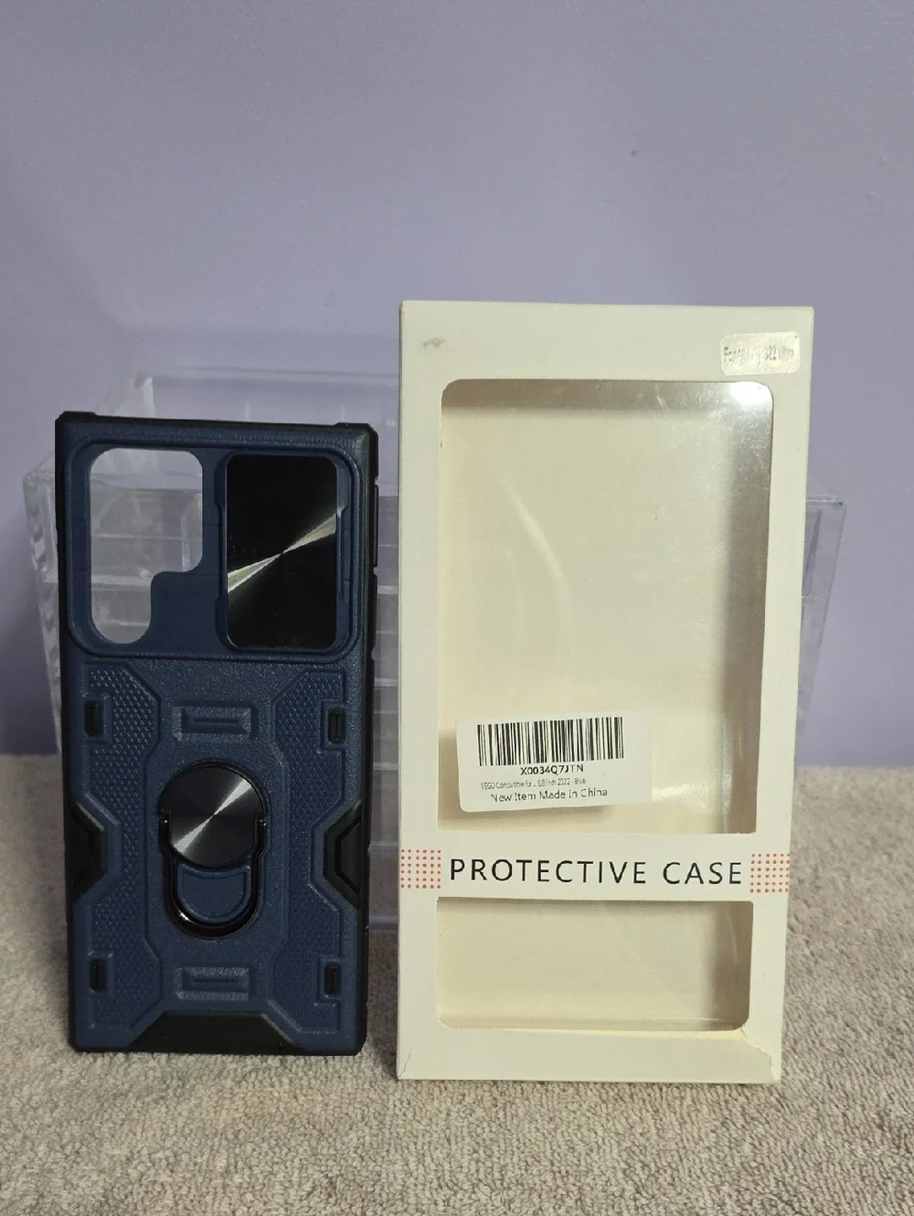 Rugged Navy Blue Phone Case with Rotating Ring Stand and Camera Cover